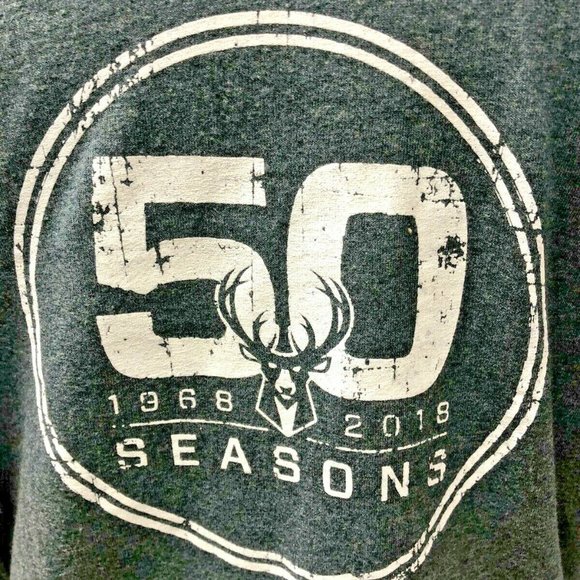 New Milwaukee Bucks Gray Men's “50 Seasons” (1968-2018) Shirt "Stress Look" Logo - Picture 2 of 3